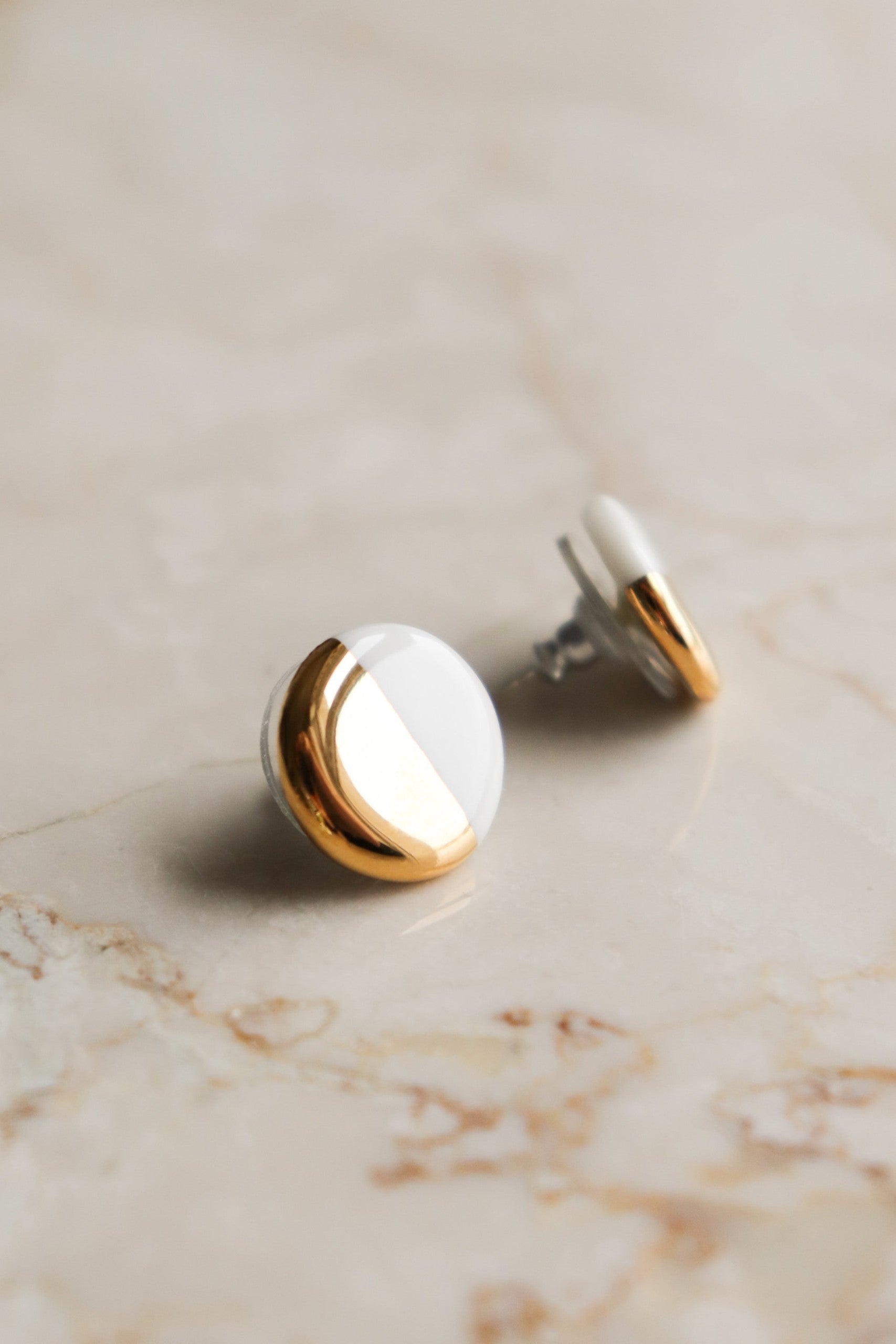 White and Gold Porcelain Stud Earrings