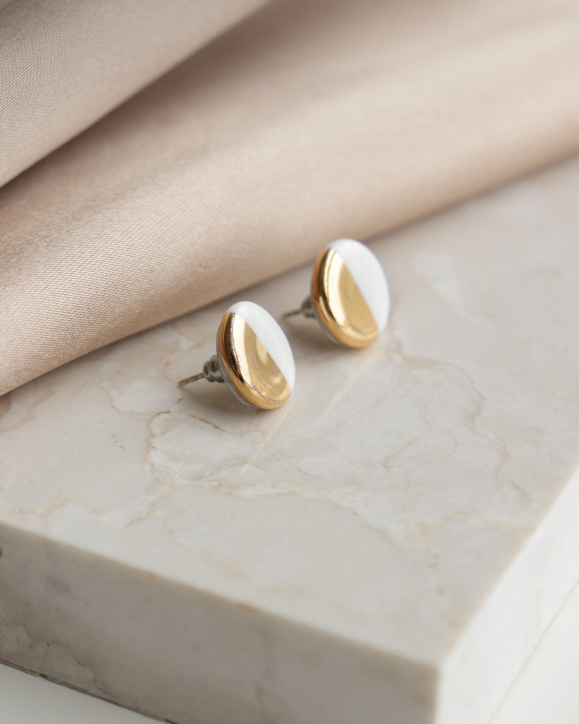 White and Gold Porcelain Stud Earrings