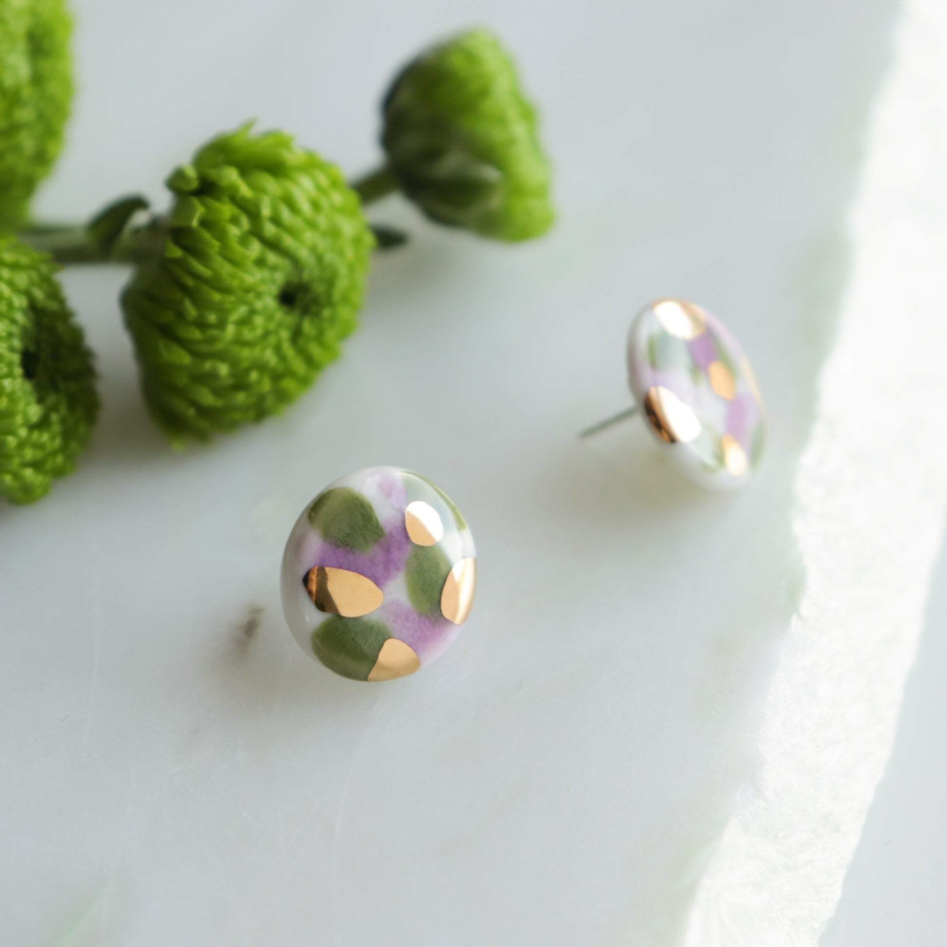 Porcelain Stud Earrings in Green and Violet
