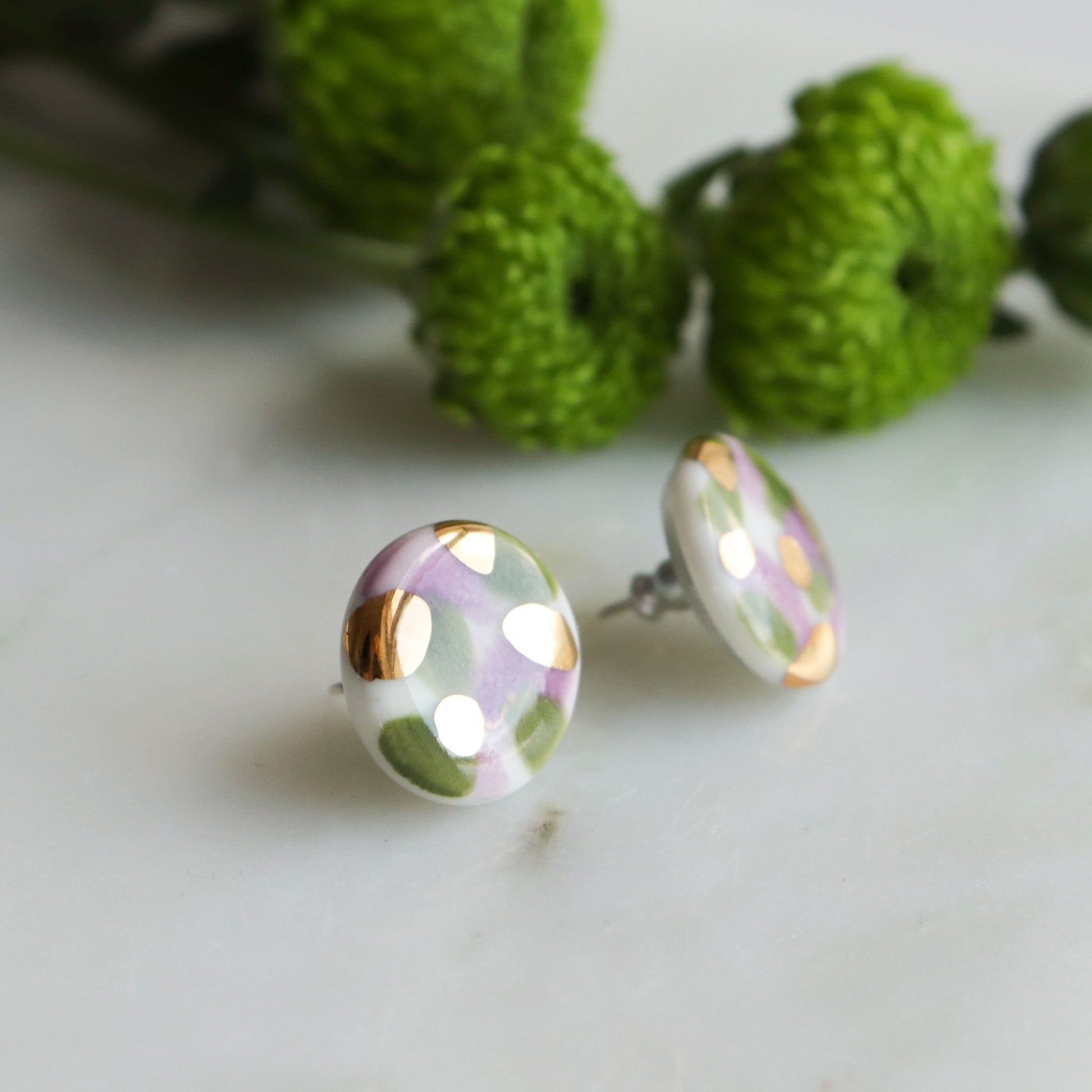 Porcelain Stud Earrings in Green and Violet