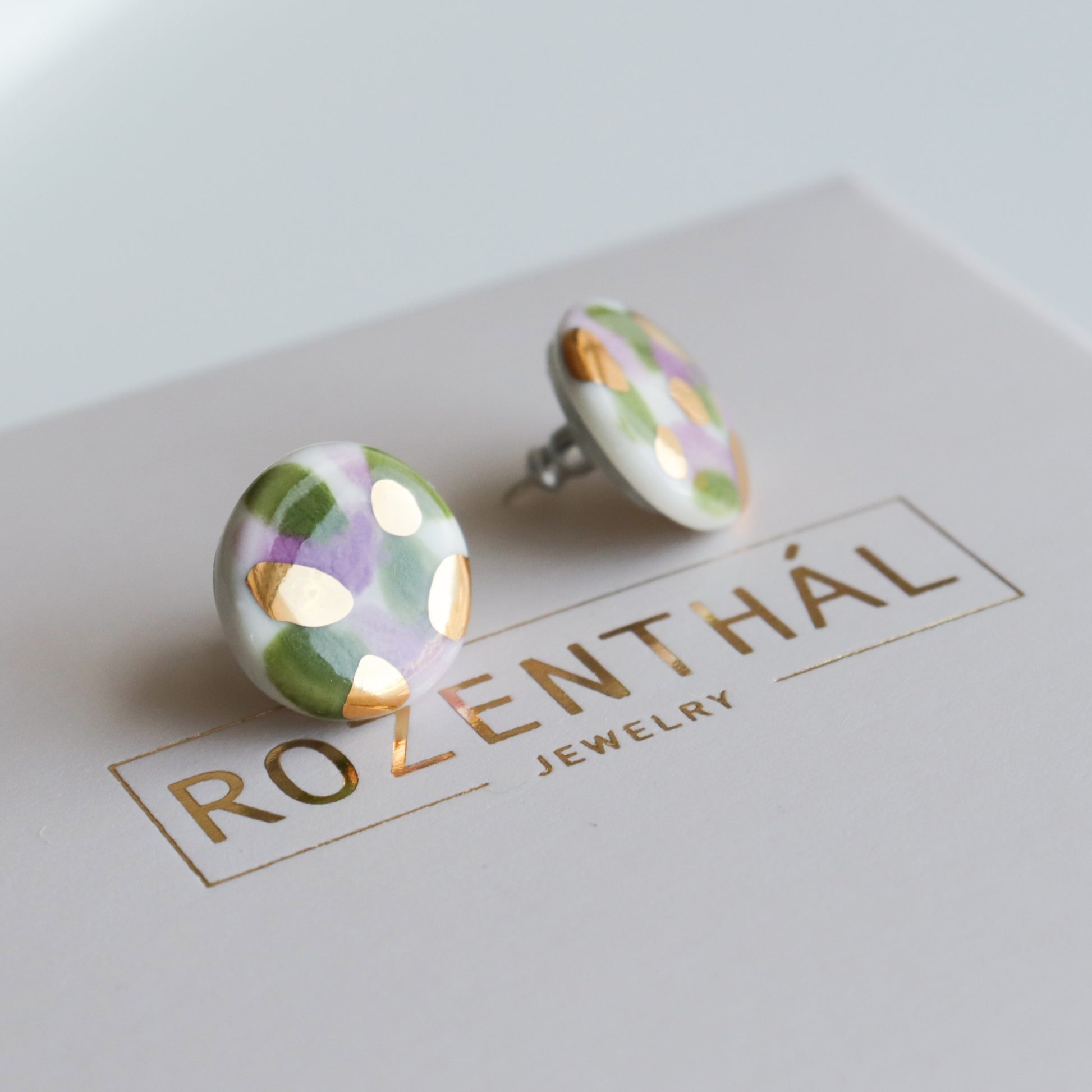 Porcelain Stud Earrings in Green and Violet