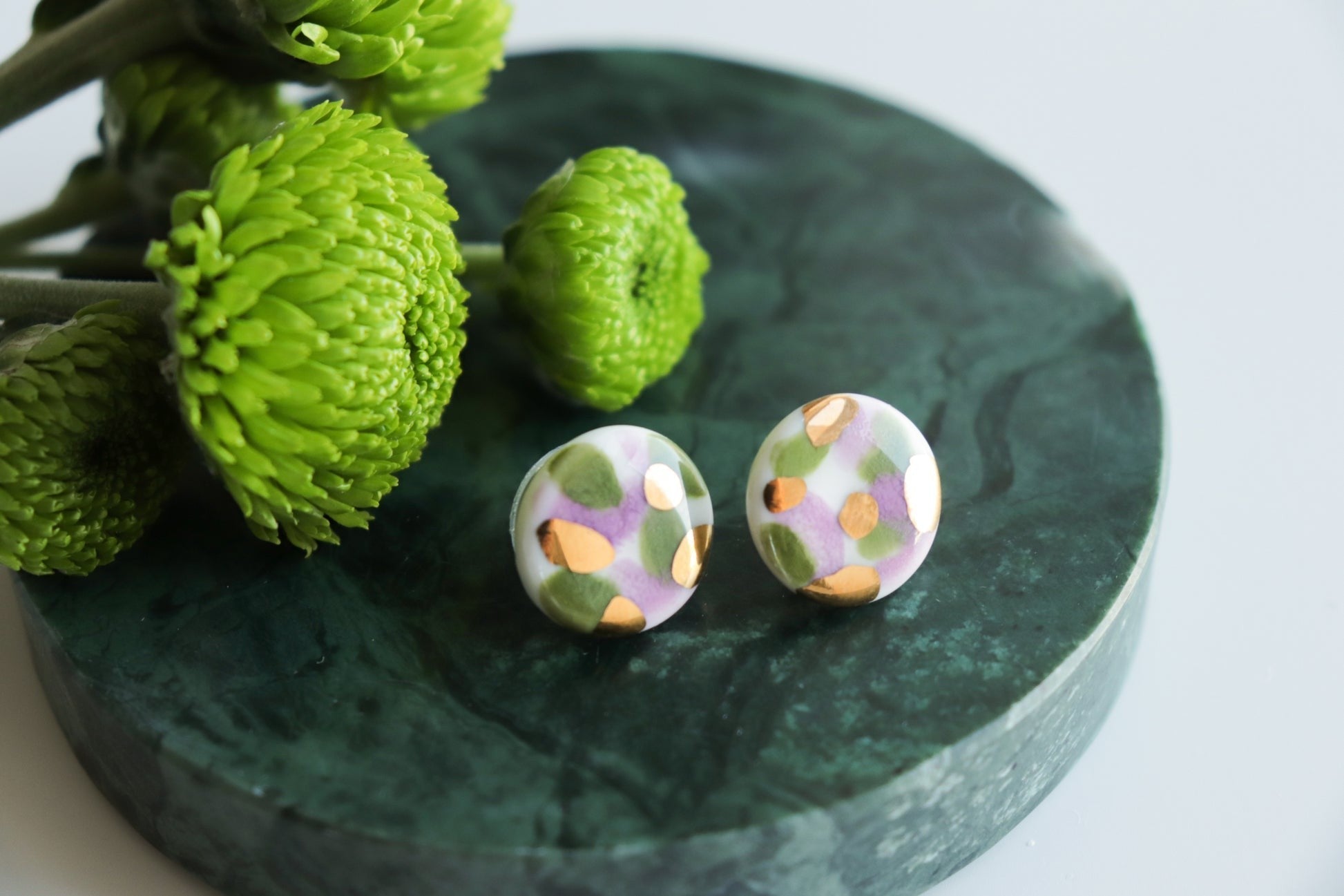 Porcelain Stud Earrings in Green and Violet