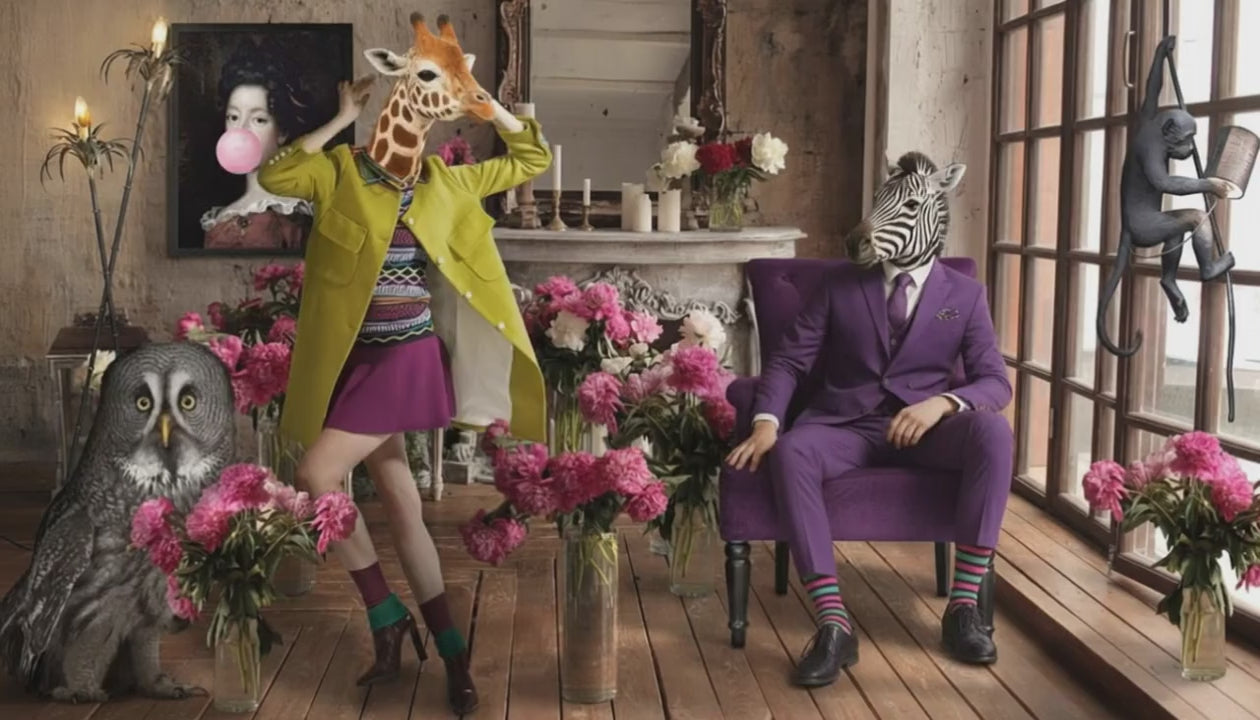 Brix + Bailey marketplace hero video — giraffe and zebra characters dancing in a stylish interior filled with flowers, art, and personality, celebrating independent brands and creativity.