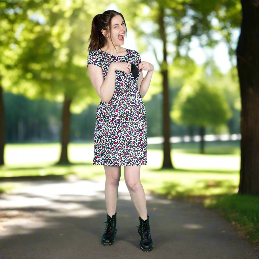 Rainbow Leopard Breastfeeding Dress | Knee Length Nursing Dress