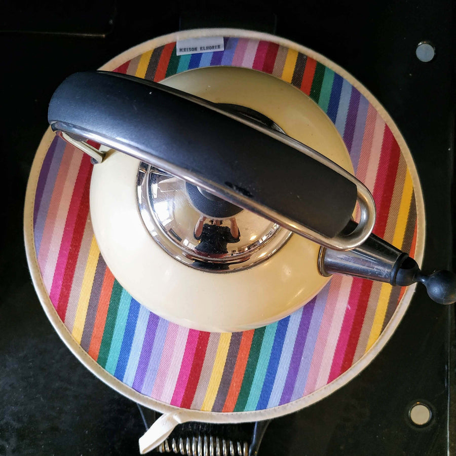 Luxury rainbow chef pad for Aga range cooker, handmade heat-retaining hob cover, premium recycled cotton, stylish UK woven fabric by Maison Elhoria at brixbailey.com