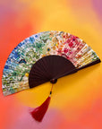 Colourful Silk folding hand fan 'kaleido-bloom' print with floral & nature filled rainbow design