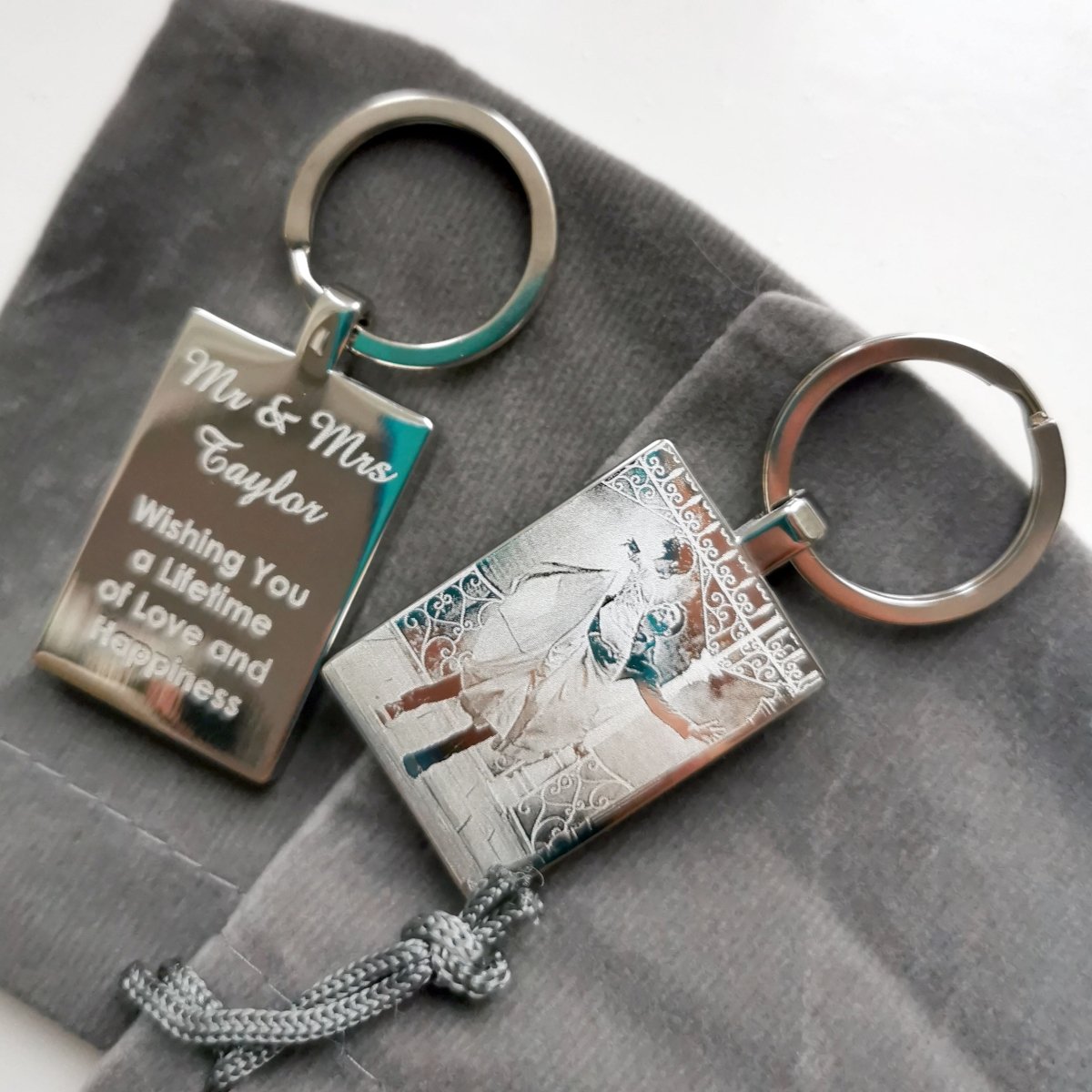 Personalised Rectangle Photo Keyring – Stainless Steel Photo &amp; Text Engraving