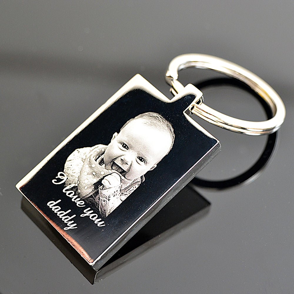 Personalised Rectangle Photo Keyring – Stainless Steel Photo &amp; Text Engraving