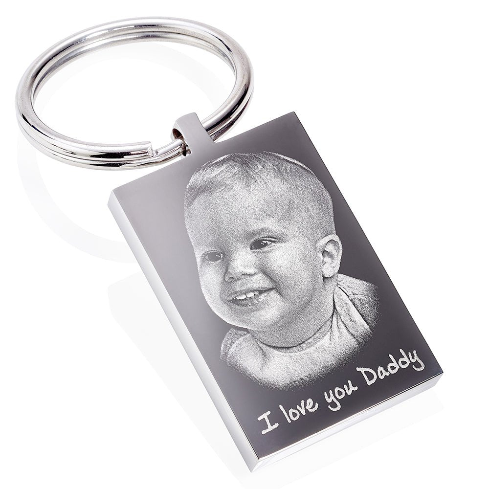Personalised Rectangle Photo Keyring – Stainless Steel Photo &amp; Text Engraving