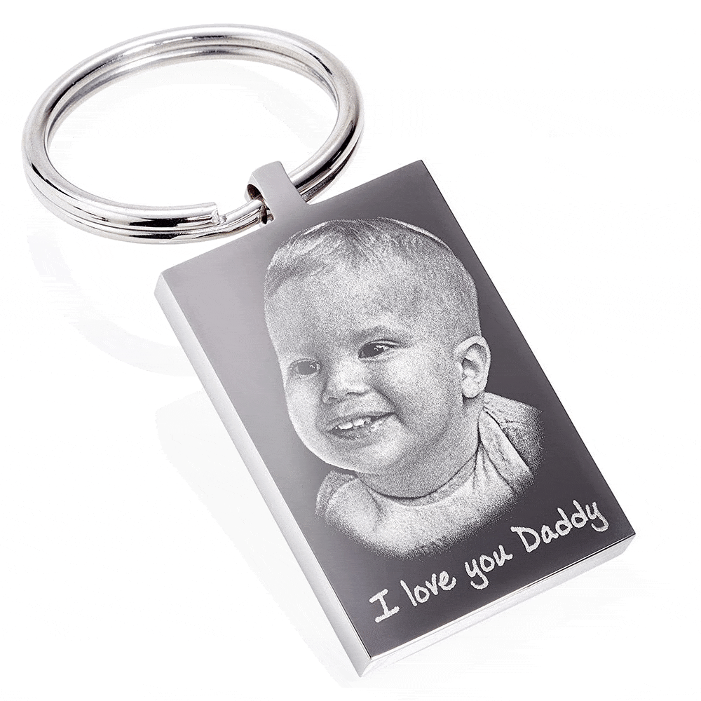 Personalised Rectangle Photo Keyring – Stainless Steel Photo &amp; Text Engraving