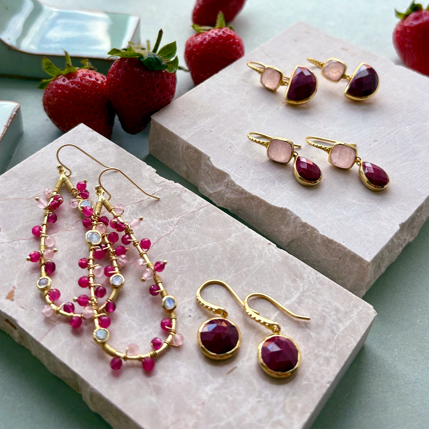 Charis Halfmoon Double Gemstone Earrings Rose Quart &amp; Ruby