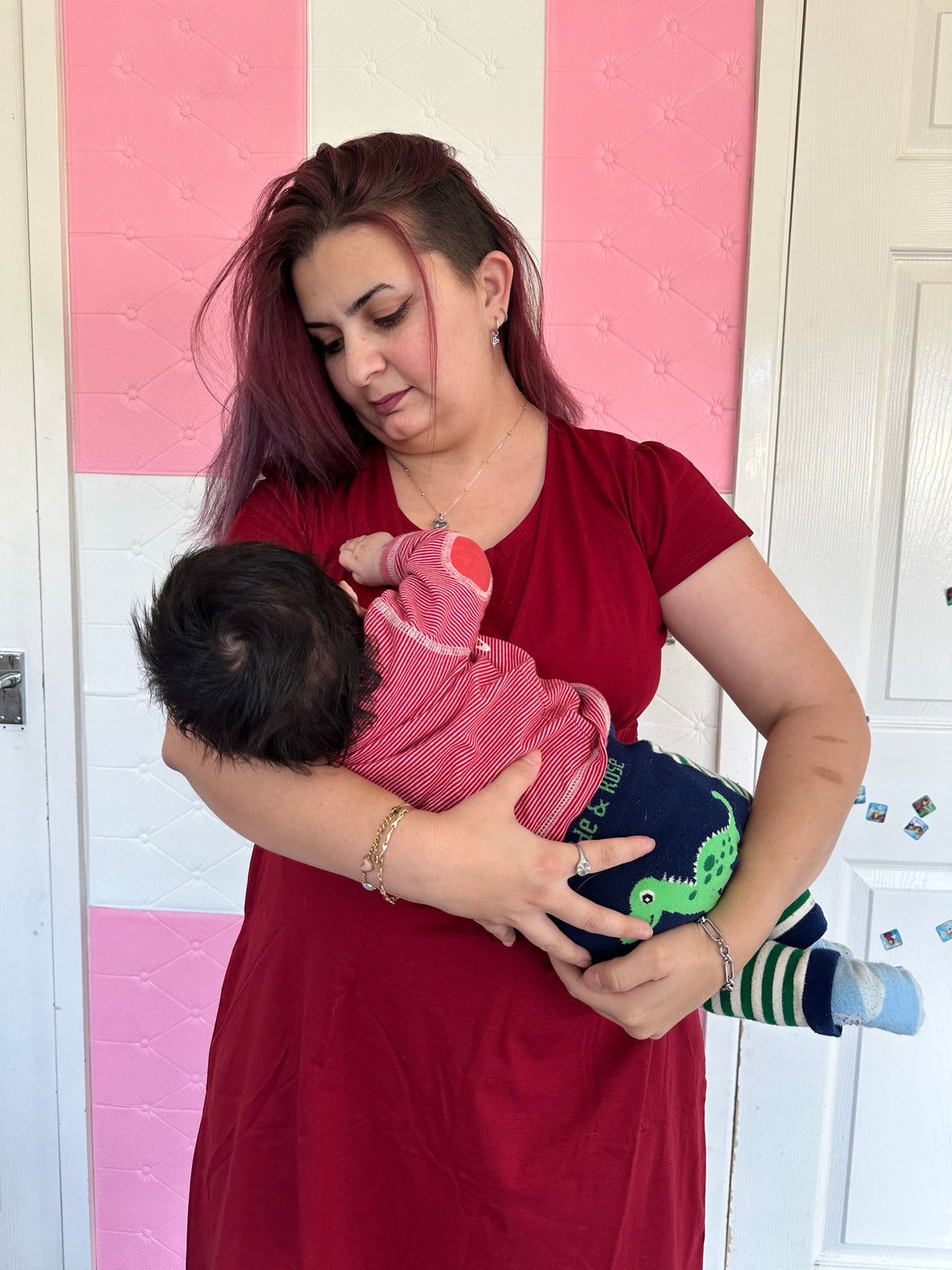 Burgundy Cotton Breastfeeding Dress | Nursing Dress | Knee Length Feeding Dress