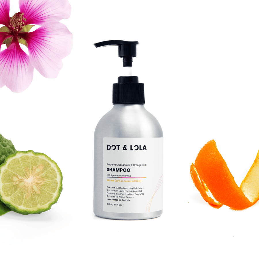 Luxury nourishing shampoo with bergamot, geranium, and orange peel oil for strong, healthy, revitalized hair by Dot & Lola at brixbailey.com