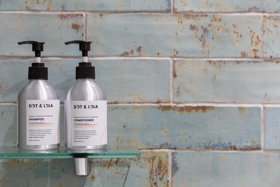 Luxury nourishing shampoo with bergamot, geranium, and orange peel oil for strong, healthy, revitalized hair by Dot & Lola at brixbailey.com