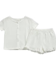 White Ribbed Ruffle Hem Button Top and Shorts Set