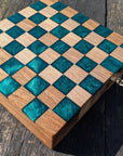 Walnut and teal resin chess board