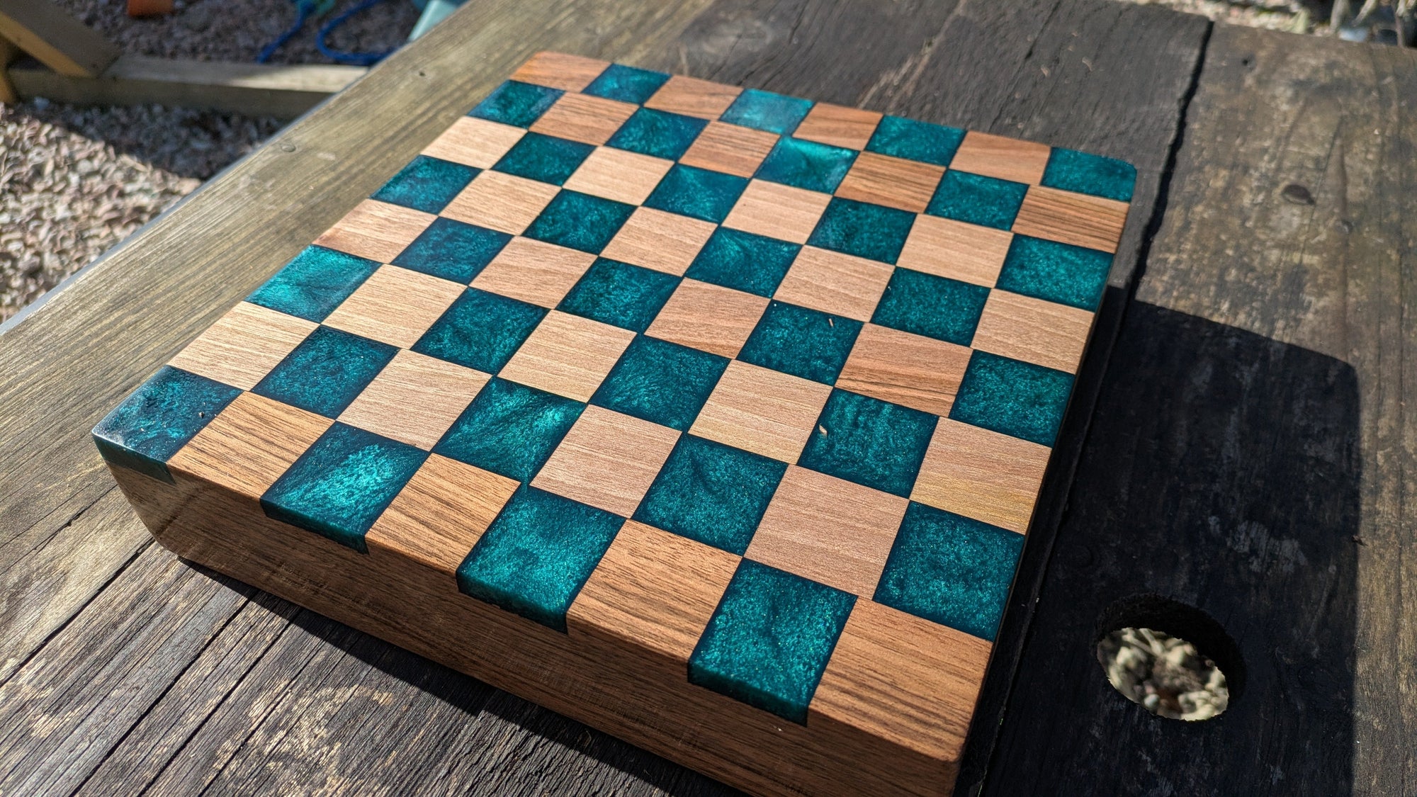 Walnut and teal resin chess board