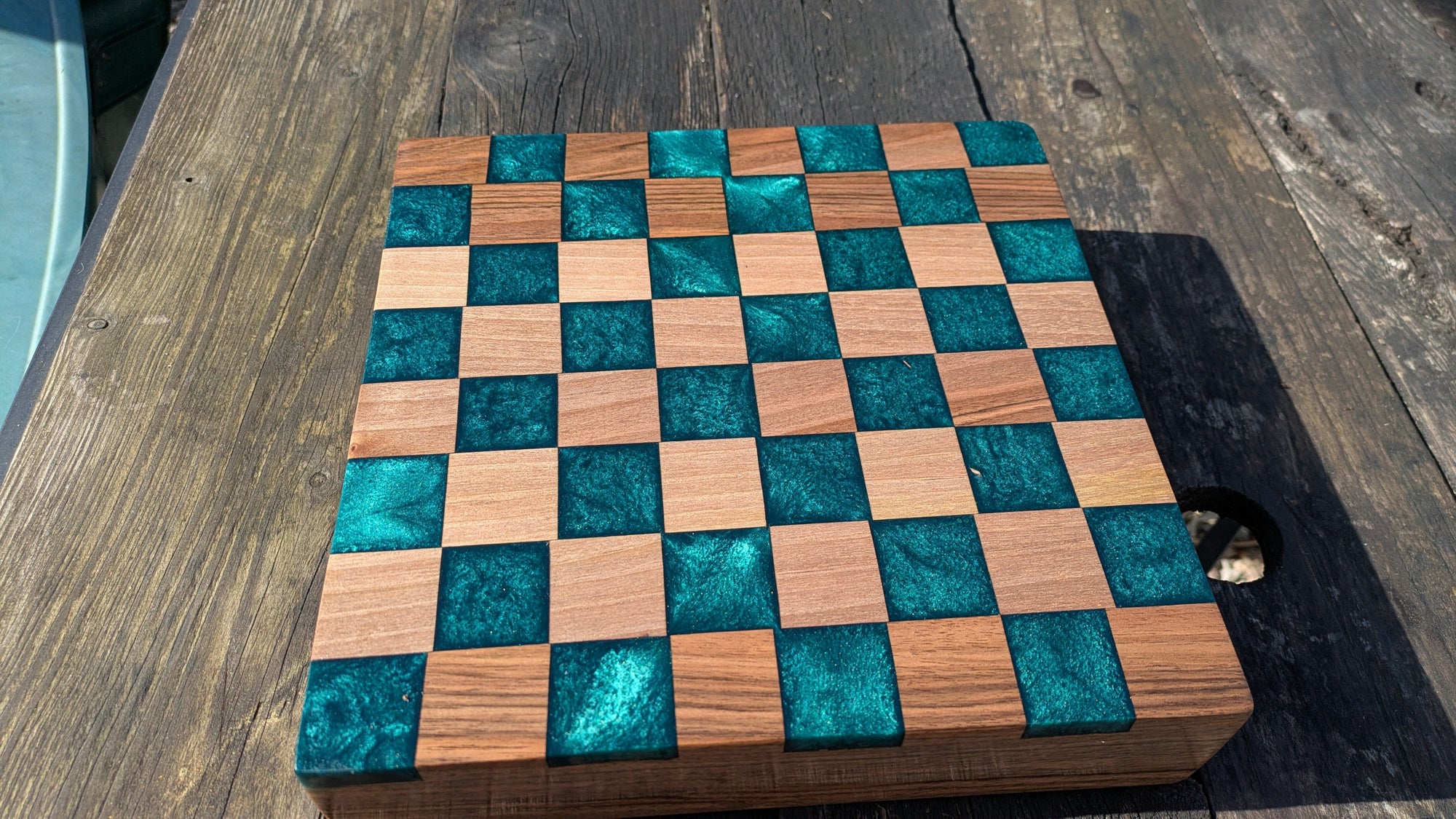 Walnut and teal resin chess board