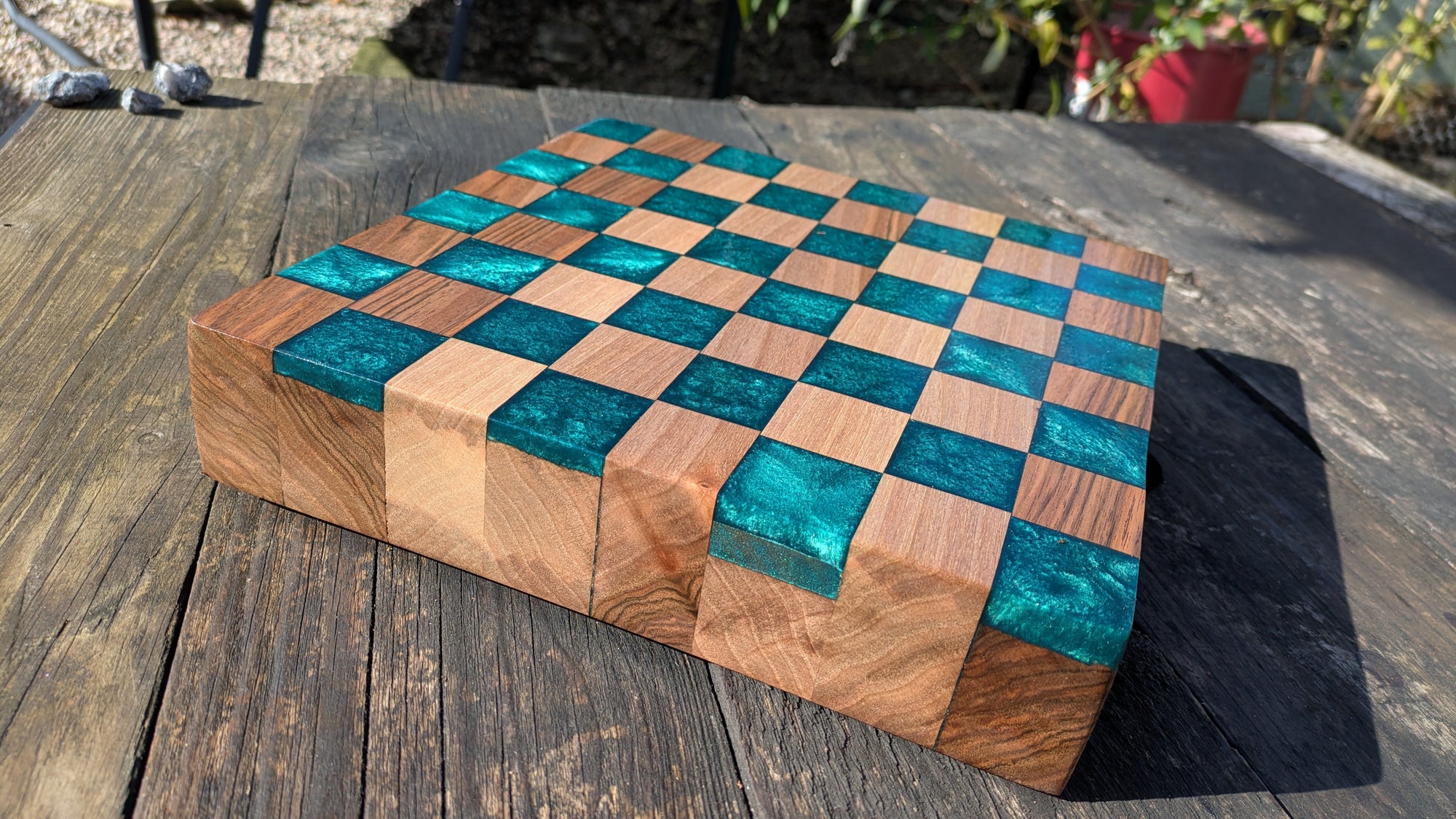 Walnut and teal resin chess board