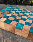 Walnut and teal resin chess board