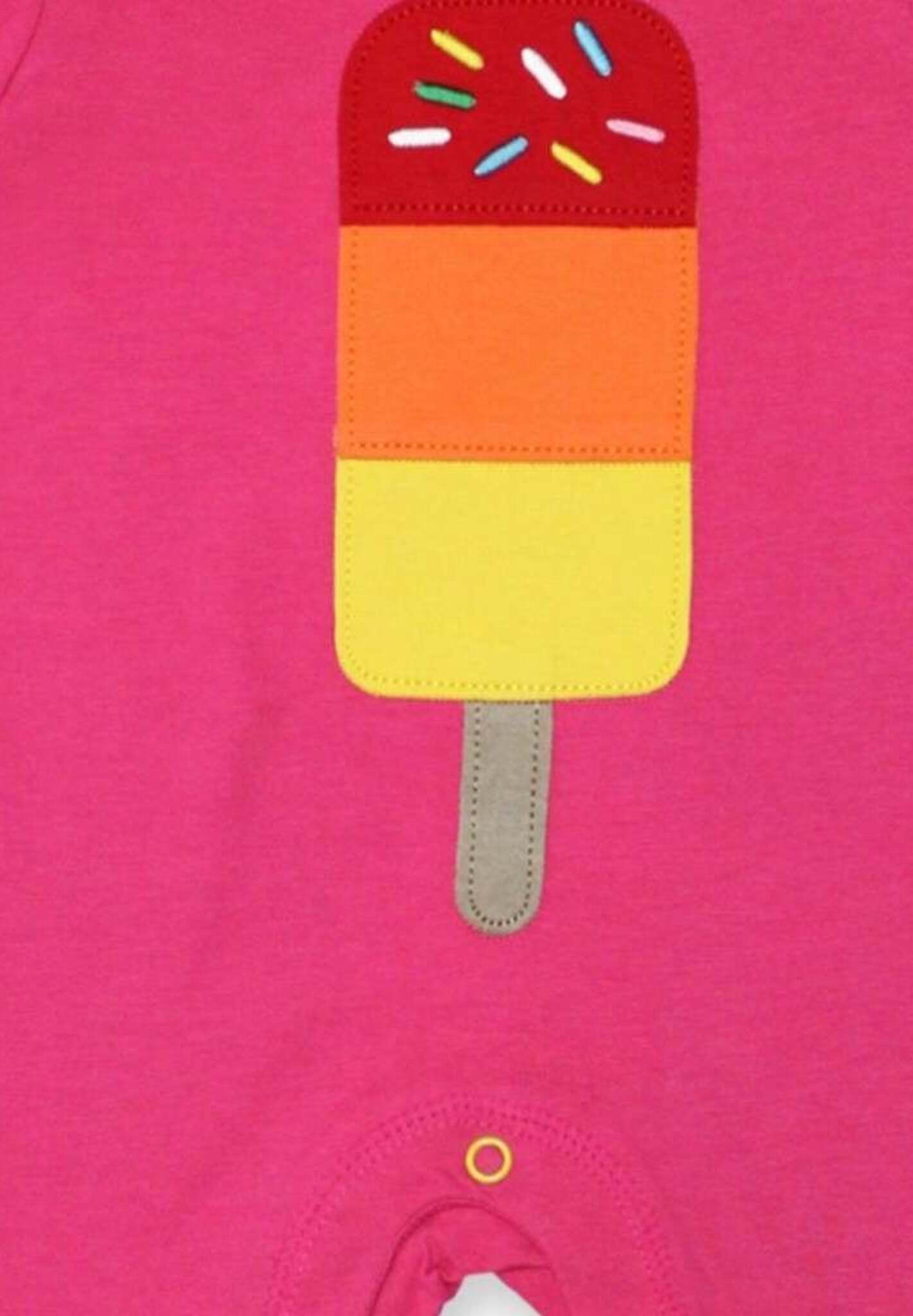 Luxury summer baby romper with lollipop applique, premium organic cotton, stylish pink with contrasting trim, short sleeves, snap buttons by Toby Tiger at brixbailey.com