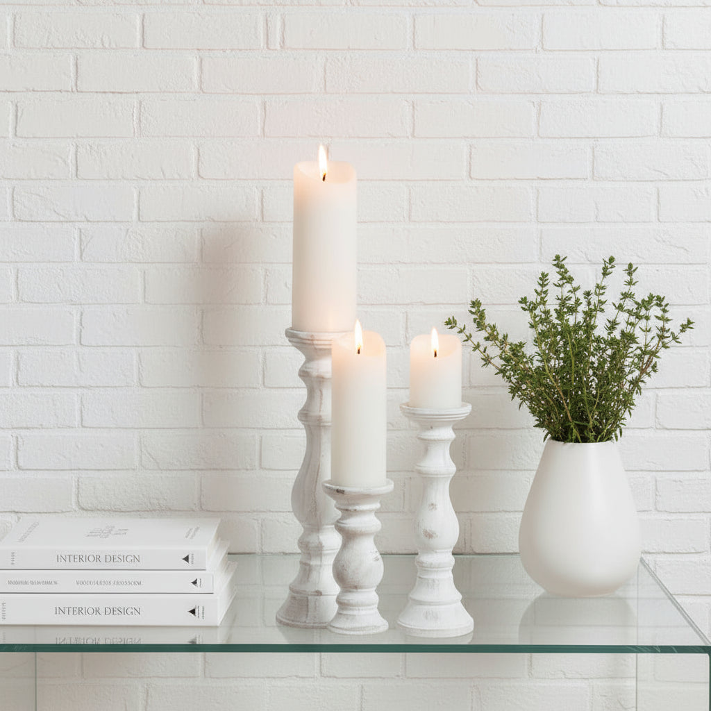 Large White Washed Ceramic Candle Holder