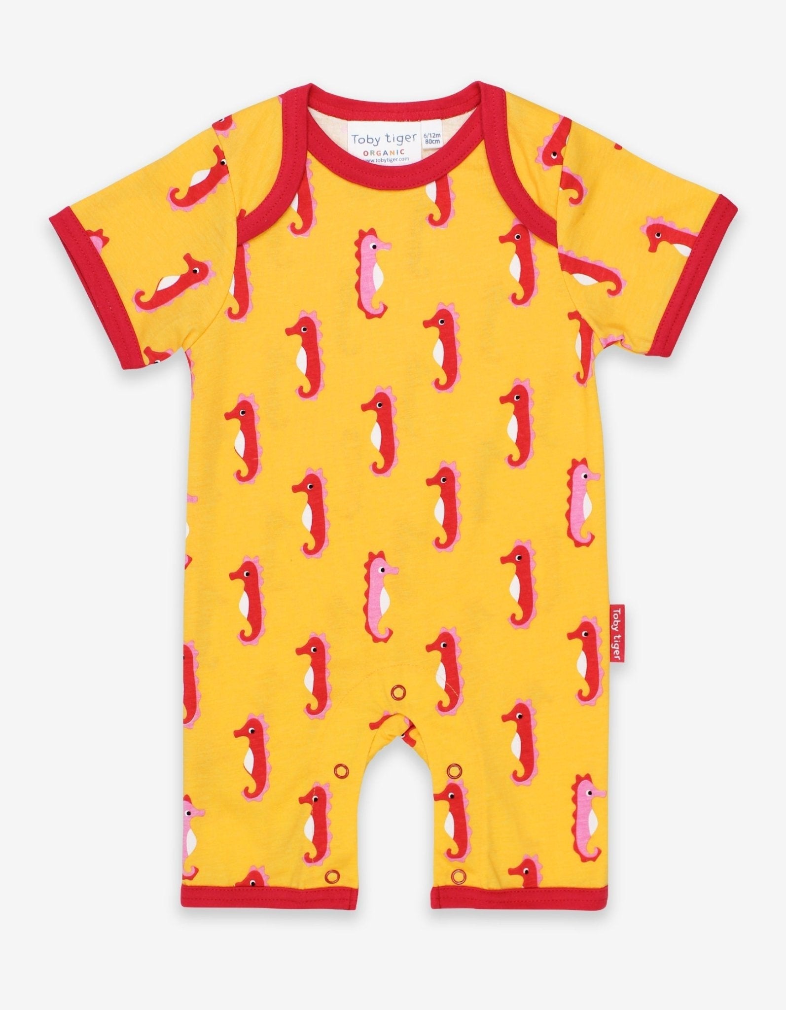 Luxury baby romper with seahorse design, short legs, snap buttons, premium organic cotton, stylish red trim, trending summer outfit by Toby Tiger at brixbailey.com