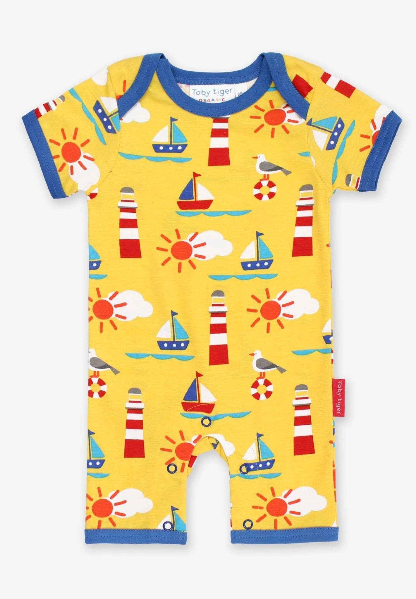 Charming Yellow Summer Romper with Short Legs for Baby&#39;s First Beach Vacation, Soft GOTS Certified Organic Cotton by Toby Tiger at brixbailey.com