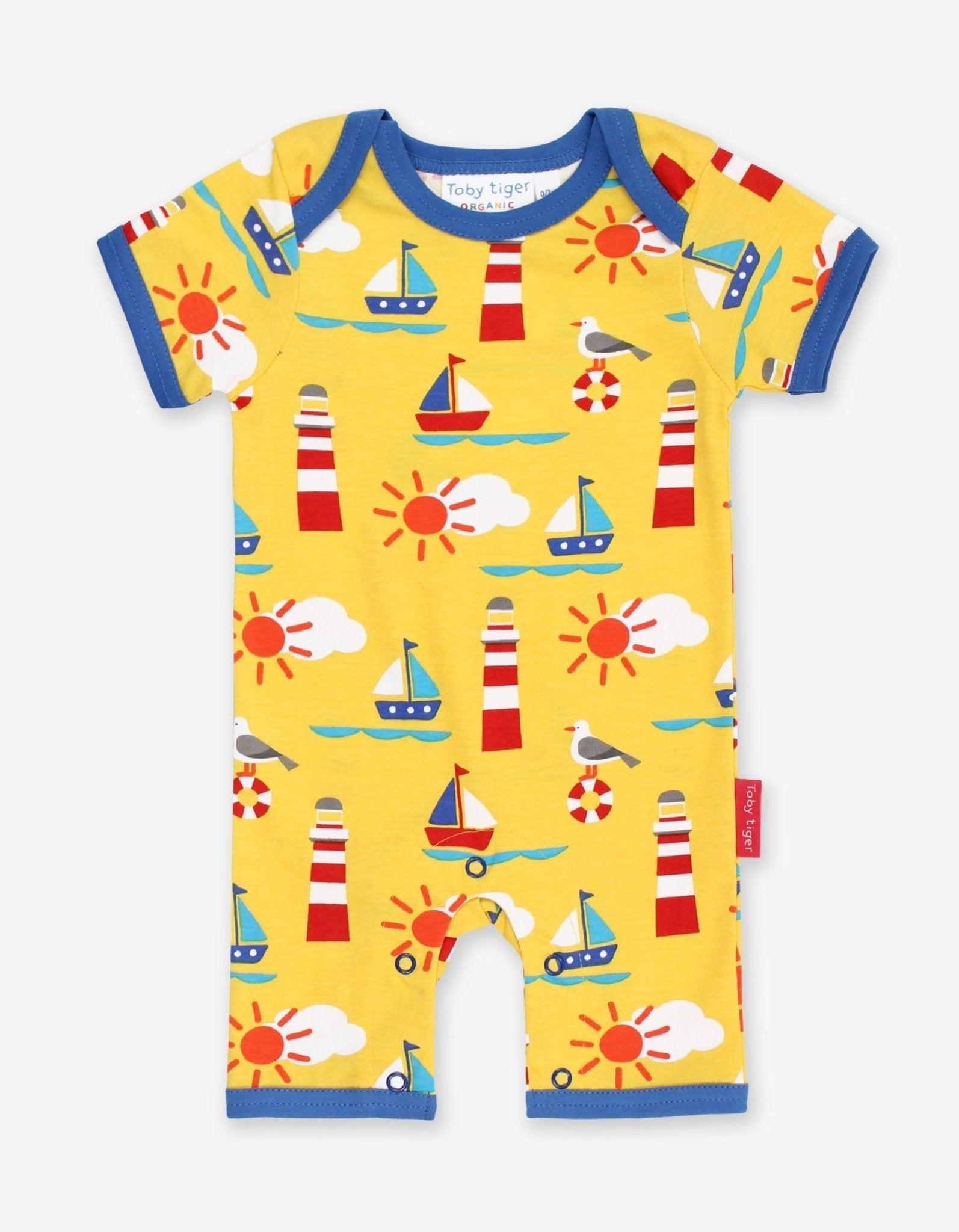 Charming Yellow Summer Romper with Short Legs – Soft GOTS-Certified Organic Cotton Baby Outfit for Beach Vacations by Toby Tiger at brixbailey.com
