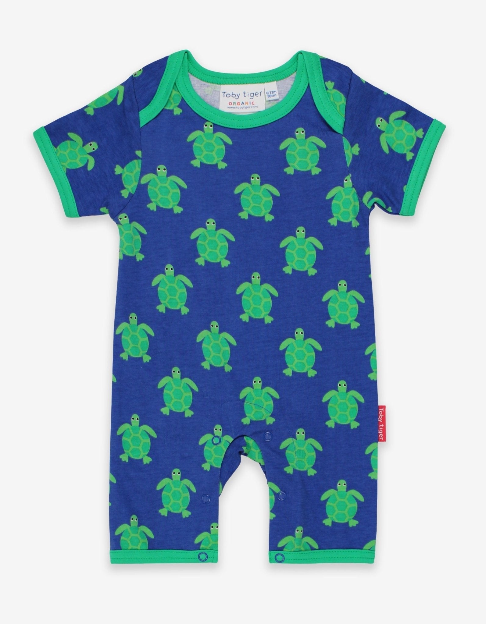 Premium baby summer romper with short legs, cute turtle print, snap buttons, 100% organic cotton, sustainable kids fashion by Toby Tiger at brixbailey.com