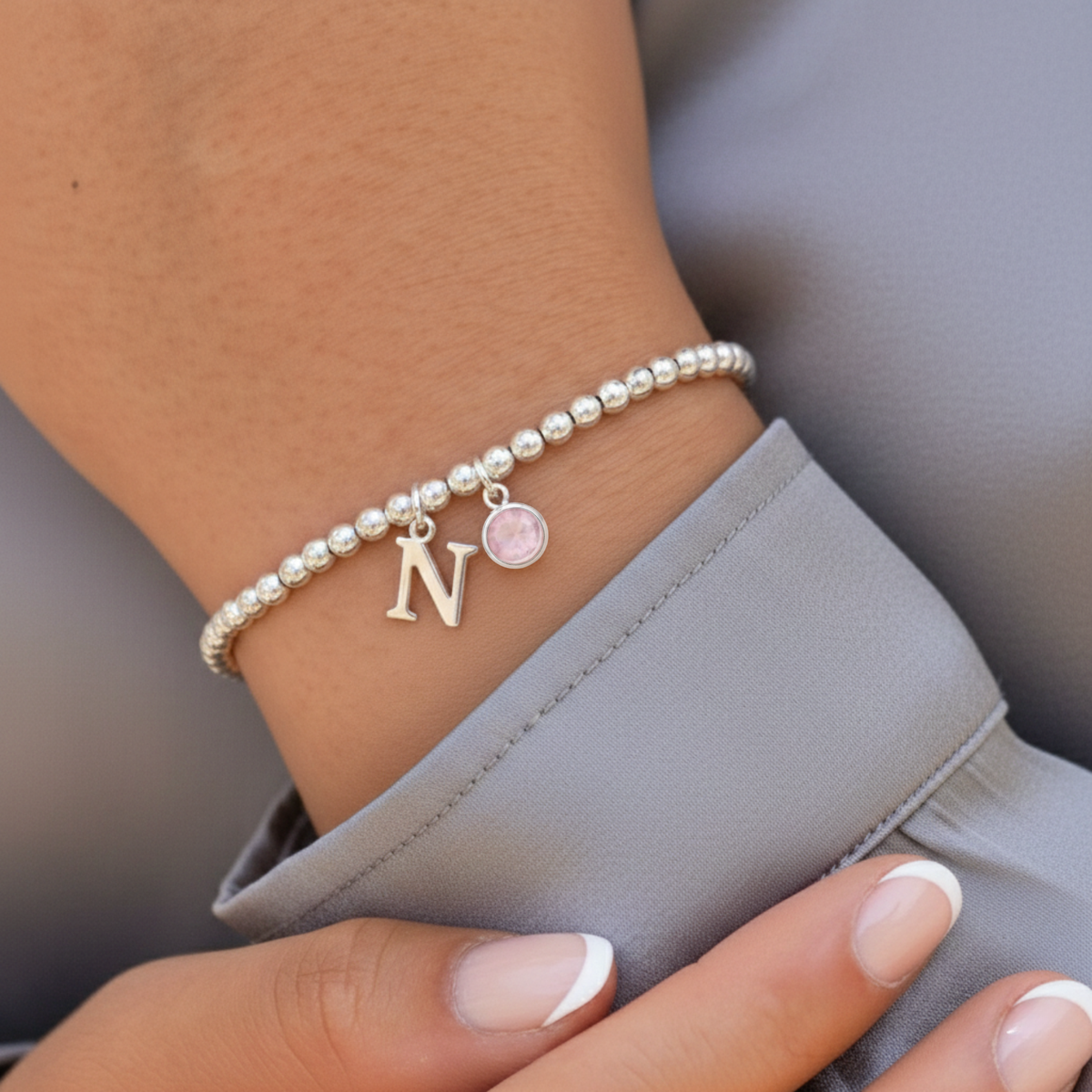 Initial &amp; October Birthstone Bracelet | Personalised Stretch Bead Bracelet