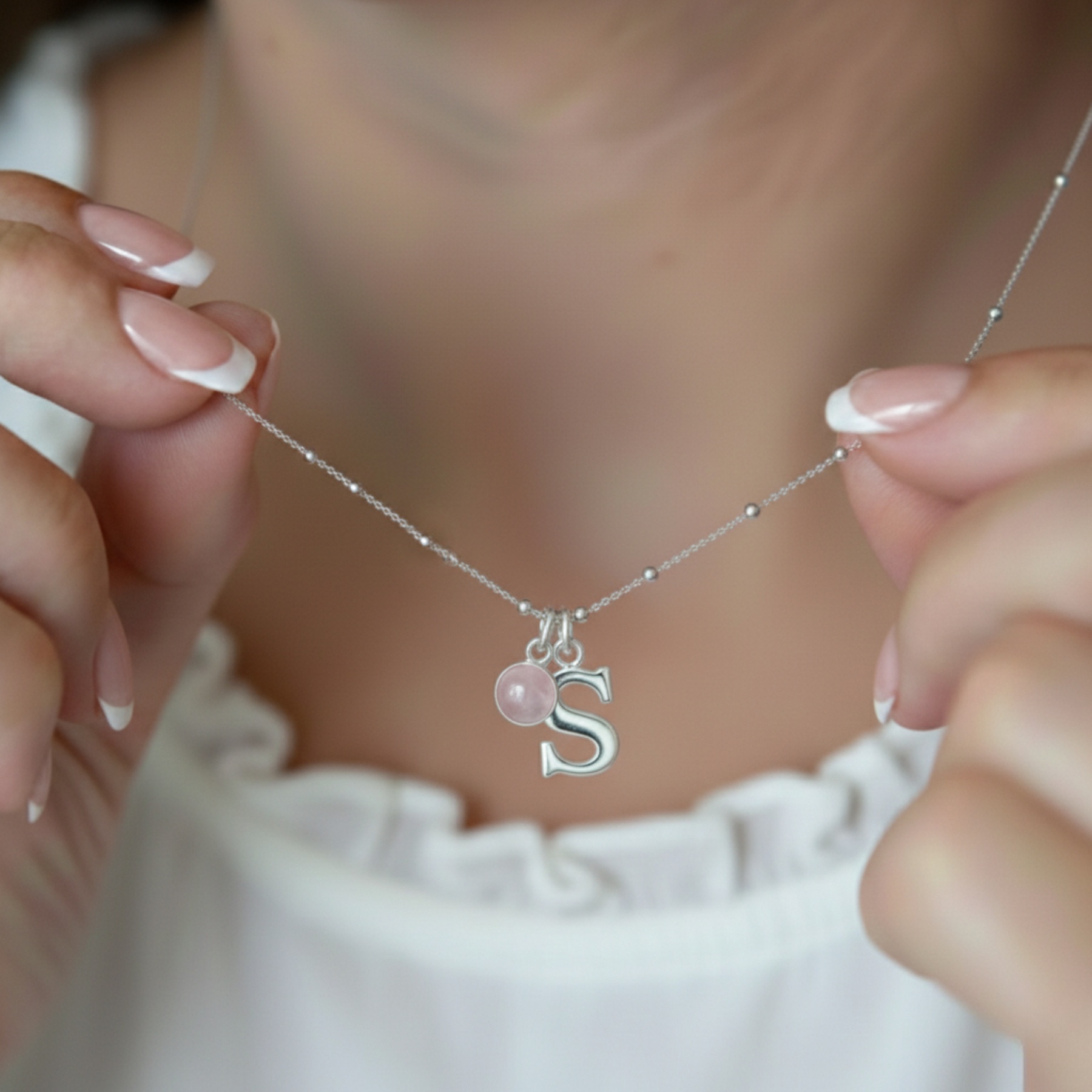 Initial &amp; October Birthstone Necklace | Personalised Rose Quartz Gift