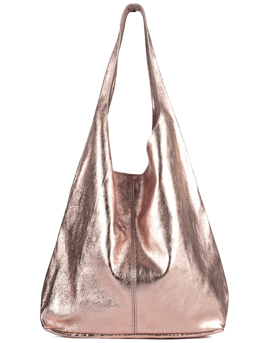 Rose Gold Metallic Leather Hobo Shoulder Bag Brix and Bailey