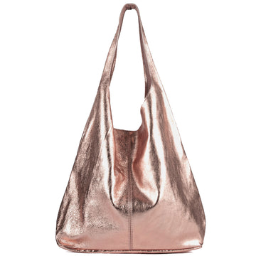 Rose Gold Metallic Leather Hobo Shoulder Bag