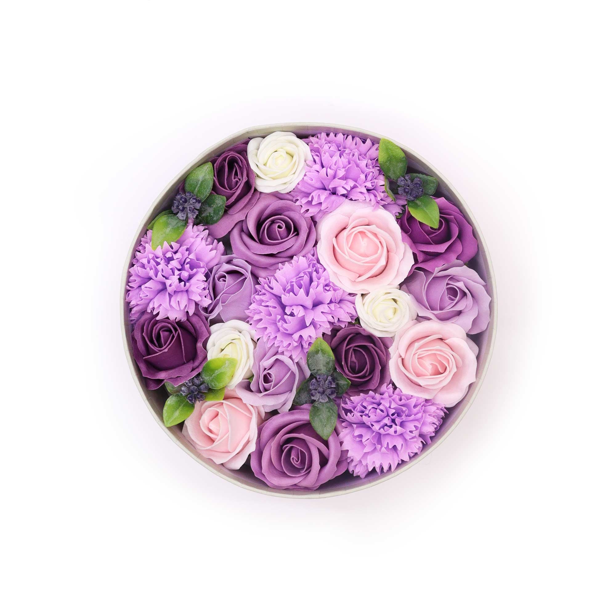 Round Box - Lavender Rose &amp; Carnation Soap Flowers