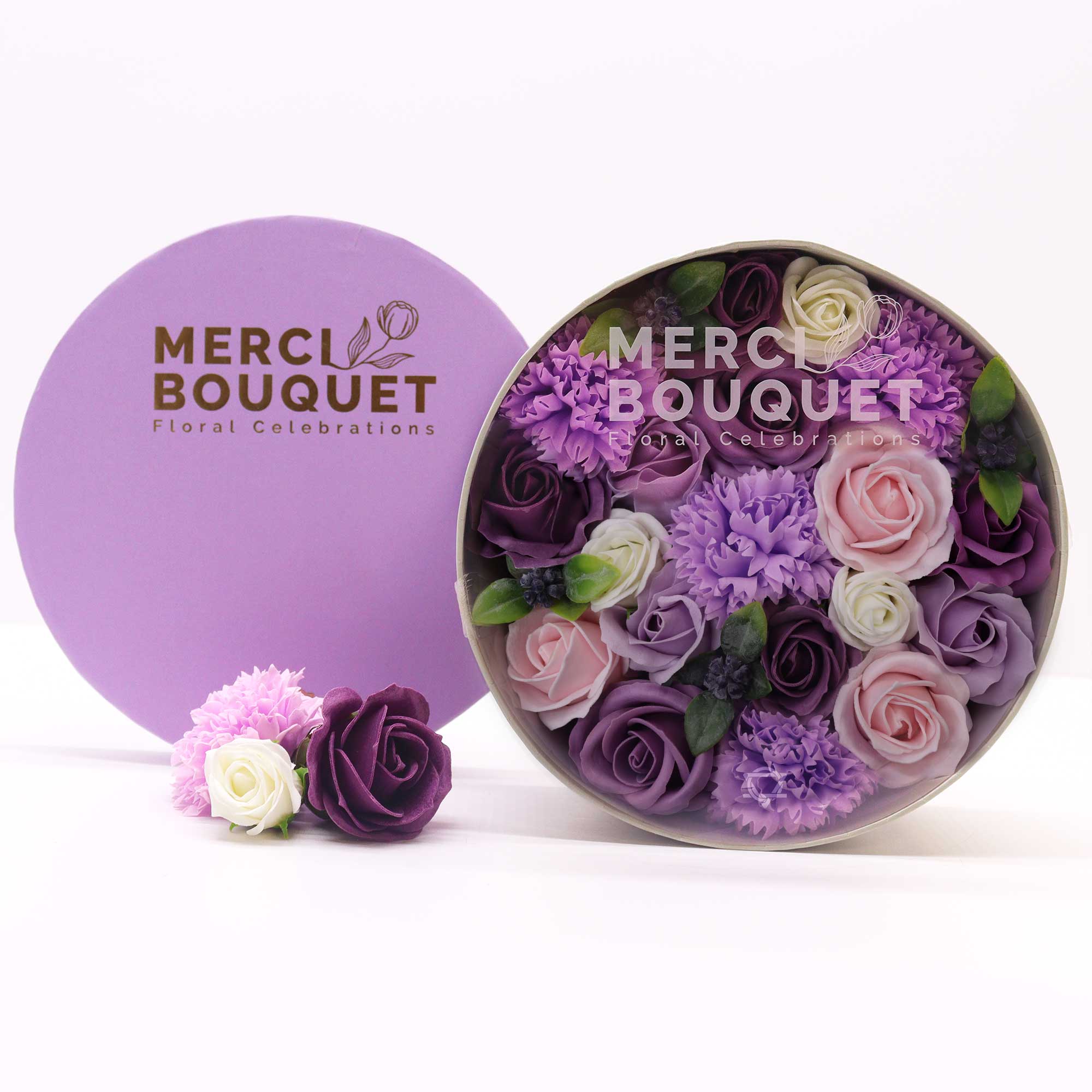 Round Box - Lavender Rose &amp; Carnation Soap Flowers
