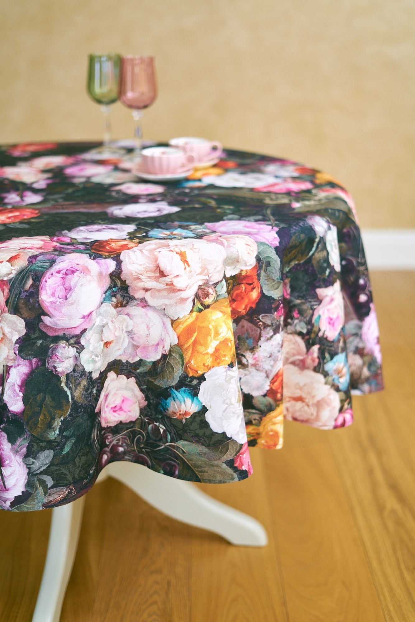 Black Floral Cotton Round Tablecloth