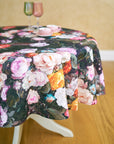 Black Floral Cotton Round Tablecloth