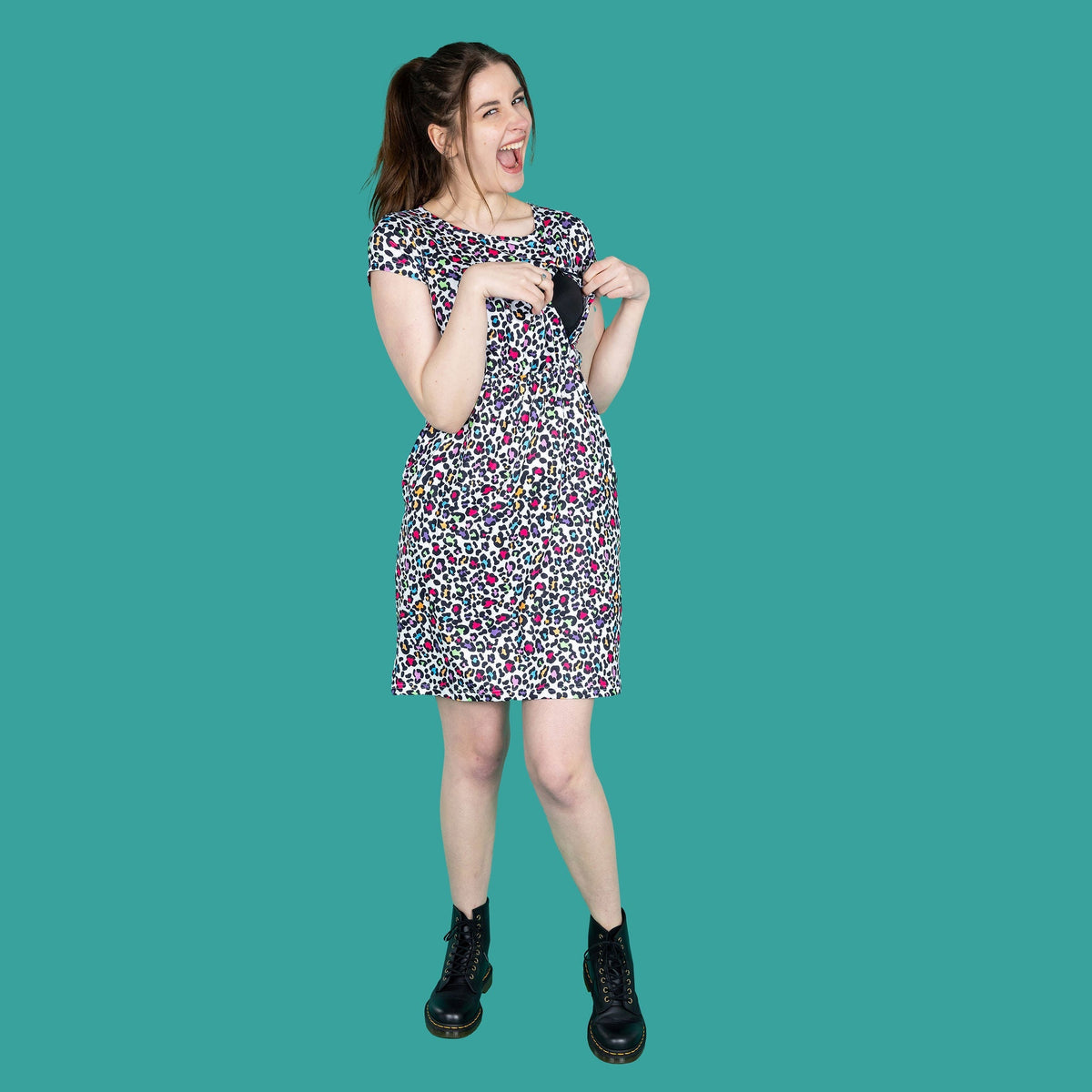 Rainbow Leopard Breastfeeding Dress | Knee Length Nursing Dress