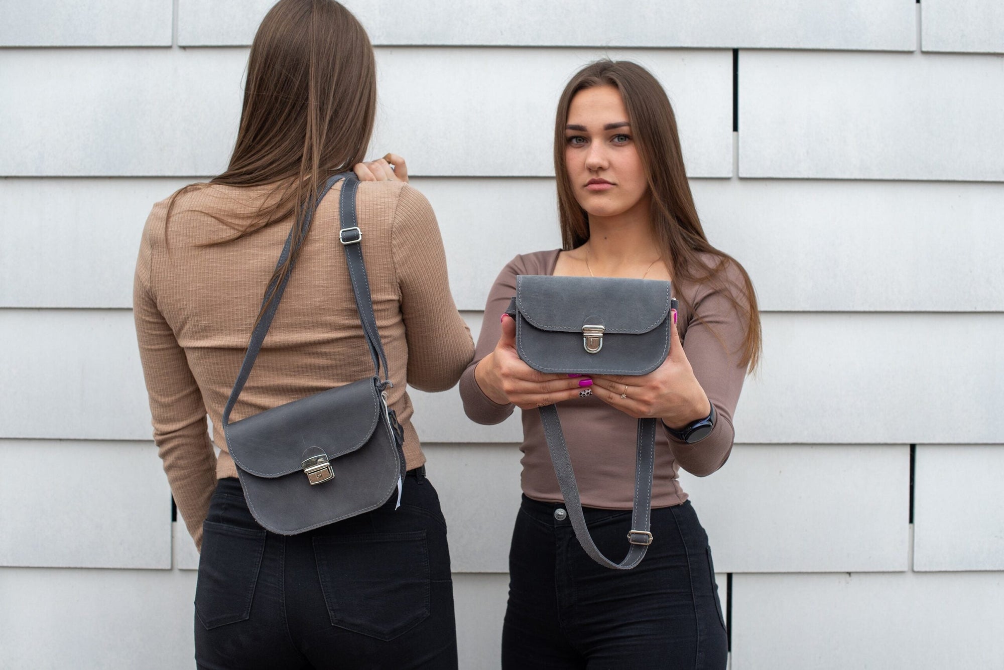 Natural Grey Leather Saddle Bag Medium