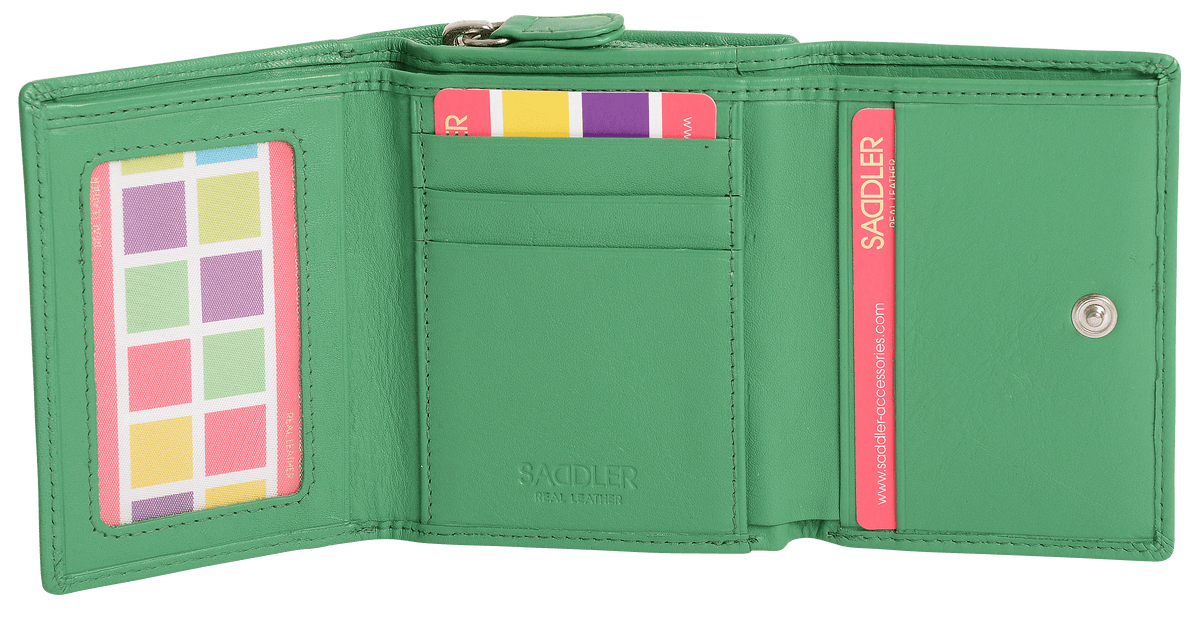 SADDLER CARLA Handmade Leather Compact Trifold Purse – RFID Protected | 5 Card Slots, ID Window &amp; Zipped Coin Pocket | Gift Boxed