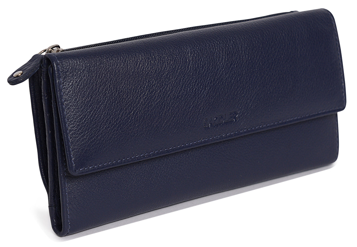 SADDLER CLAIRE Long Leather Trifold Purse - 18 Card Slots, Dual Zip Pockets, and Note Sections - RFID Protected