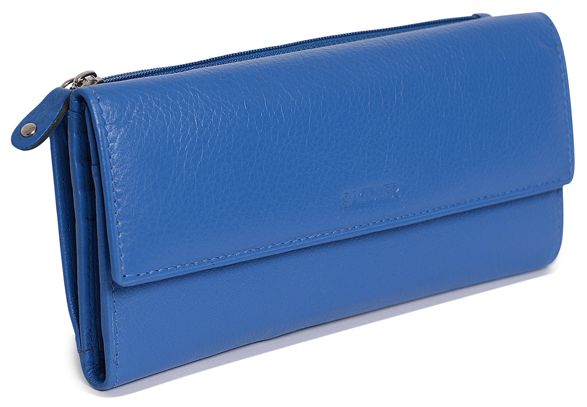 SADDLER CLAIRE Long Leather Trifold Purse - 18 Card Slots, Dual Zip Pockets, and Note Sections - RFID Protected