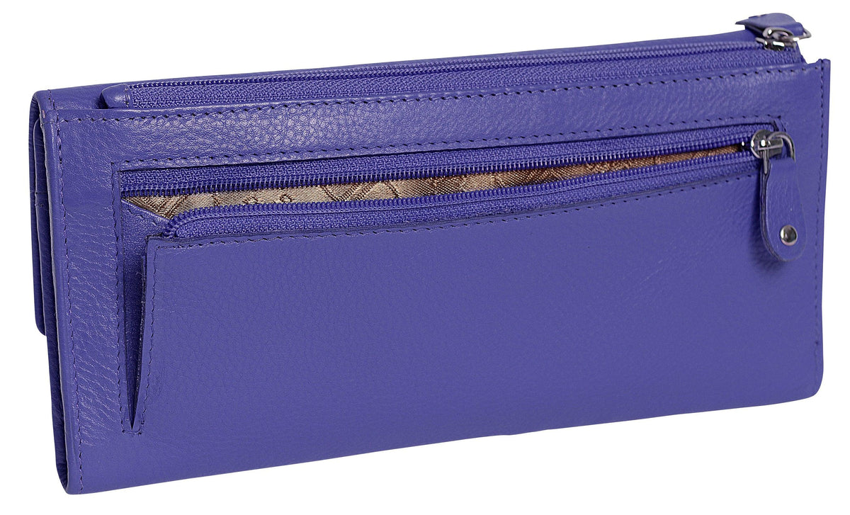 SADDLER CLAIRE Long Leather Trifold Purse - 18 Card Slots, Dual Zip Pockets, and Note Sections - RFID Protected