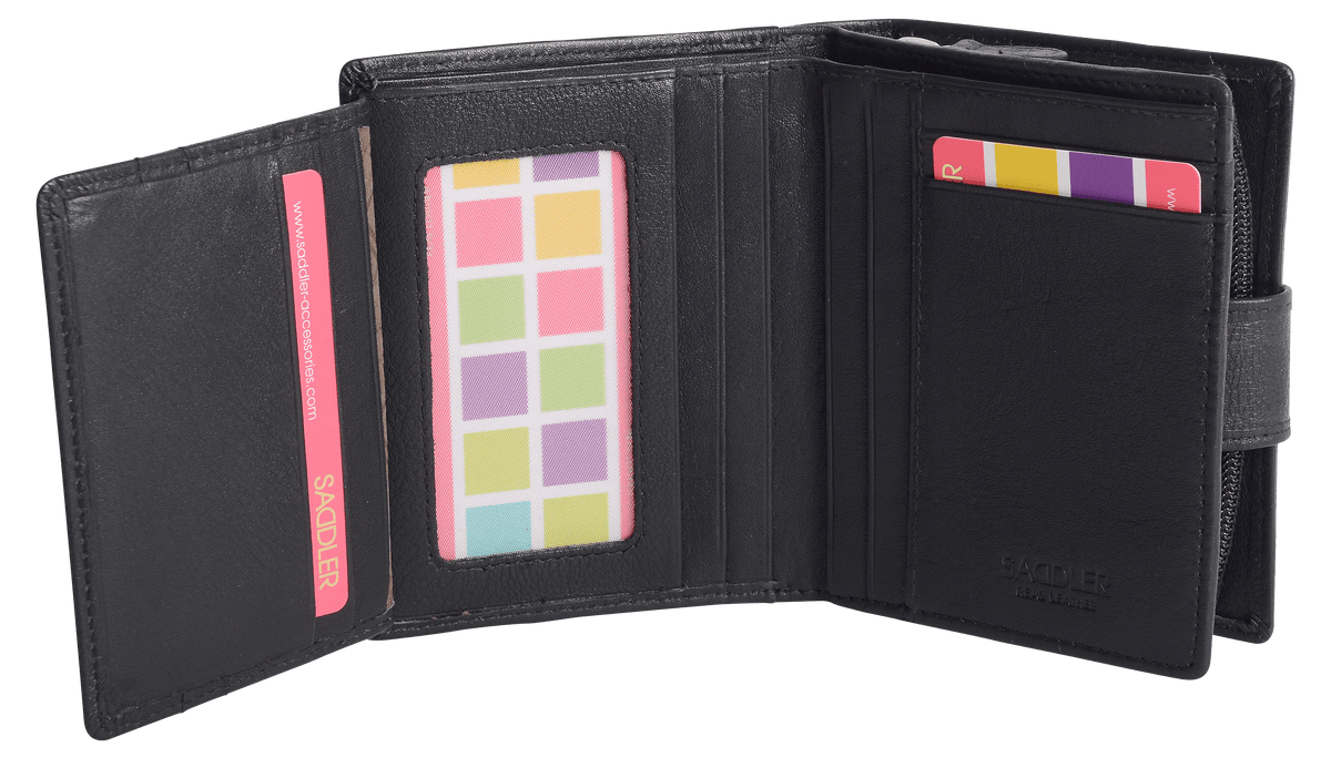 SADDLER EMILY Handmade Leather Mid-Size Wallet – RFID Protected | 10 Card Slots, Secure Tab Closure &amp; Zipped Coin Pocket | Gift Boxed
