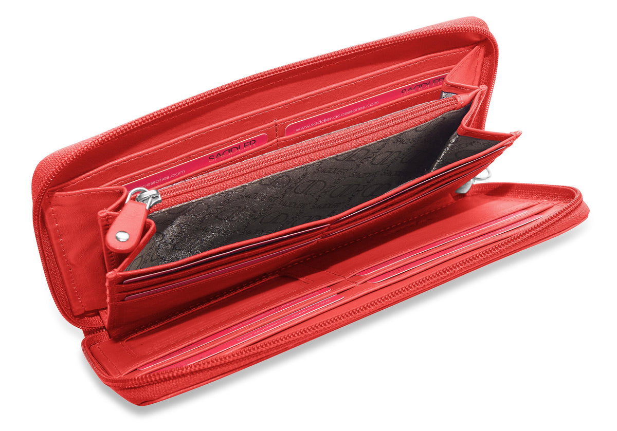 SADDLER SOPHIA Leather Zip Around Purse  - 15 Card slots, Mobile Phone Pocket,  Detachable Wrist Strap- RFID Protected
