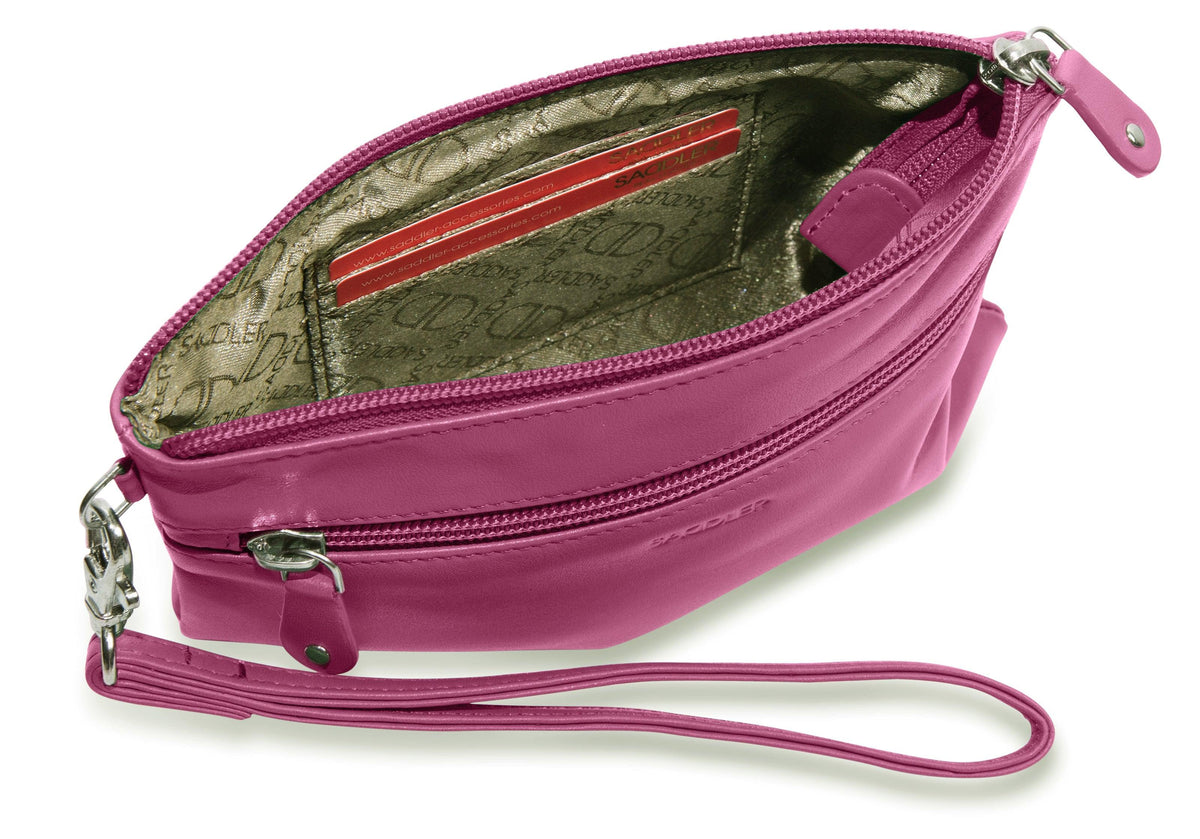 SADDLER SCARLETT Leather Zip Top Mini Clutch - Phone Holder with Detachable Wrist Strap - RFID Protected