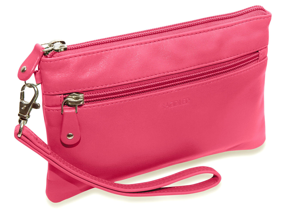 SADDLER SCARLETT Leather Zip Top Mini Clutch - Phone Holder with Detachable Wrist Strap - RFID Protected