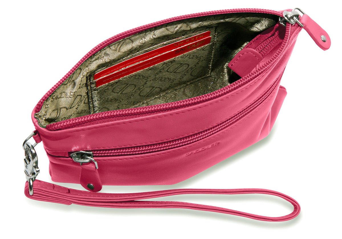 SADDLER SCARLETT Leather Zip Top Mini Clutch - Phone Holder with Detachable Wrist Strap - RFID Protected