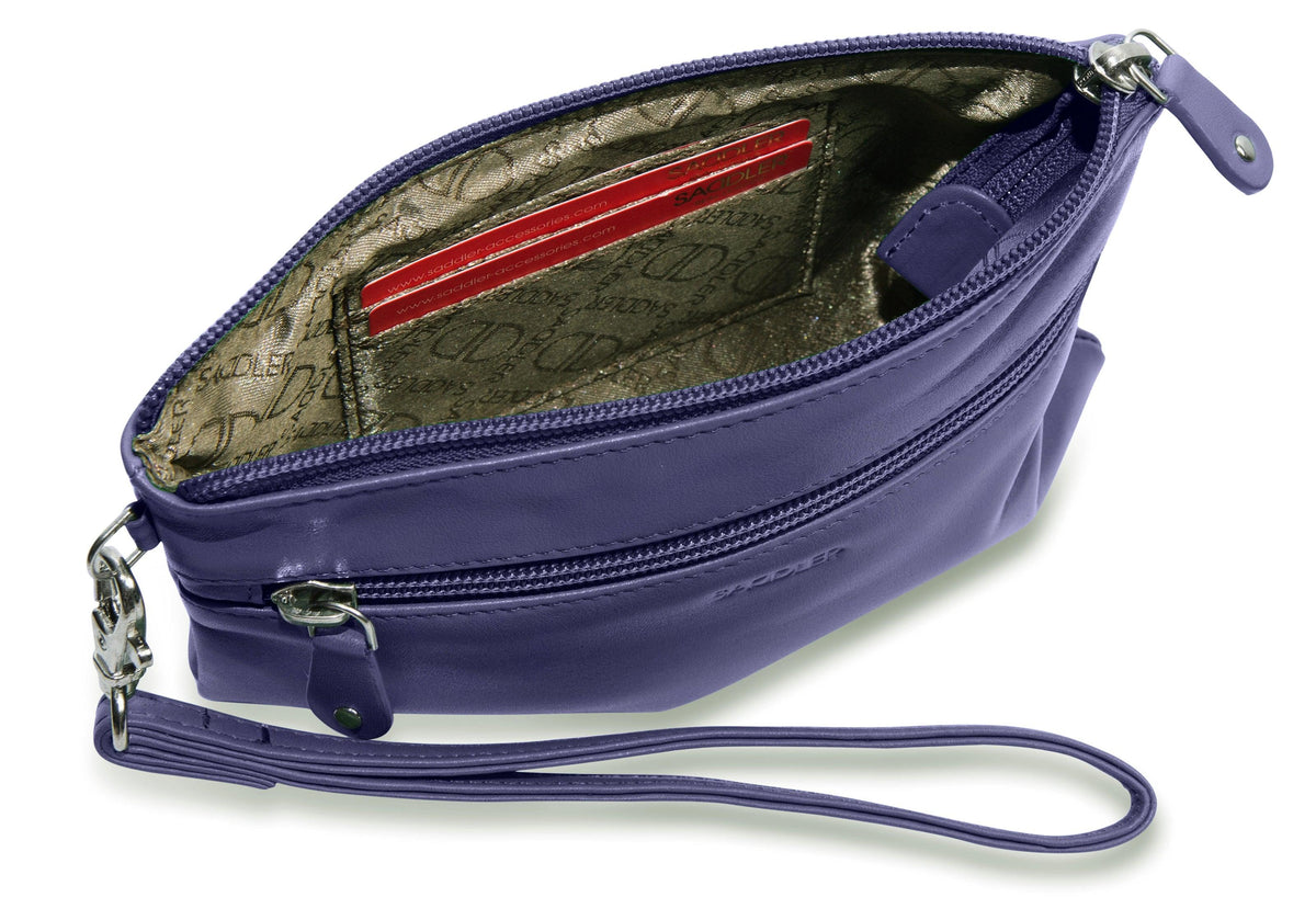 SADDLER SCARLETT Leather Zip Top Mini Clutch - Phone Holder with Detachable Wrist Strap - RFID Protected